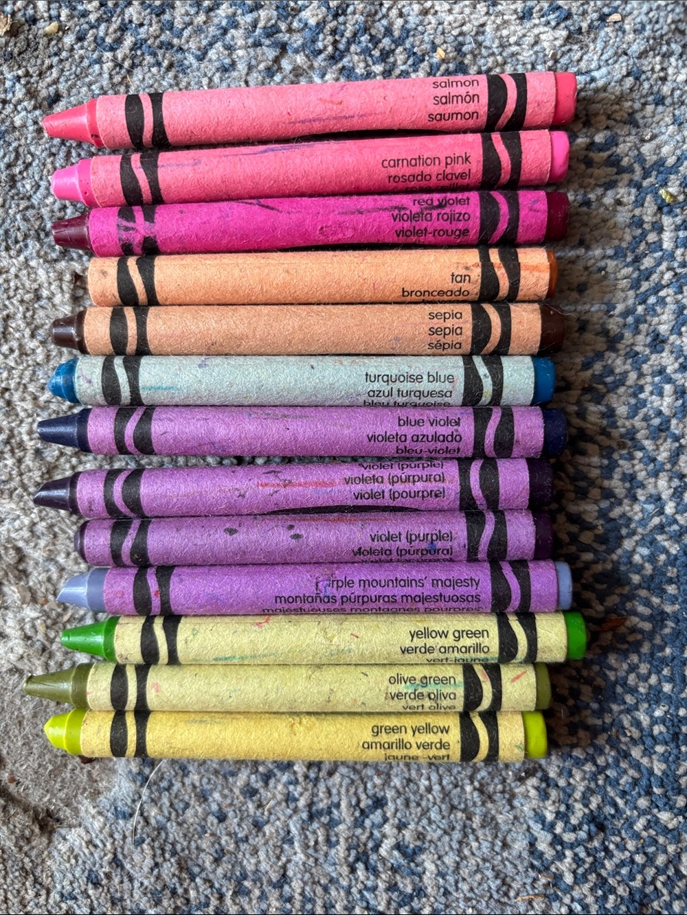 Vintage retired 12Crayola crayons - Purple, Pink, Blue, Green, Brown, Tan Shades